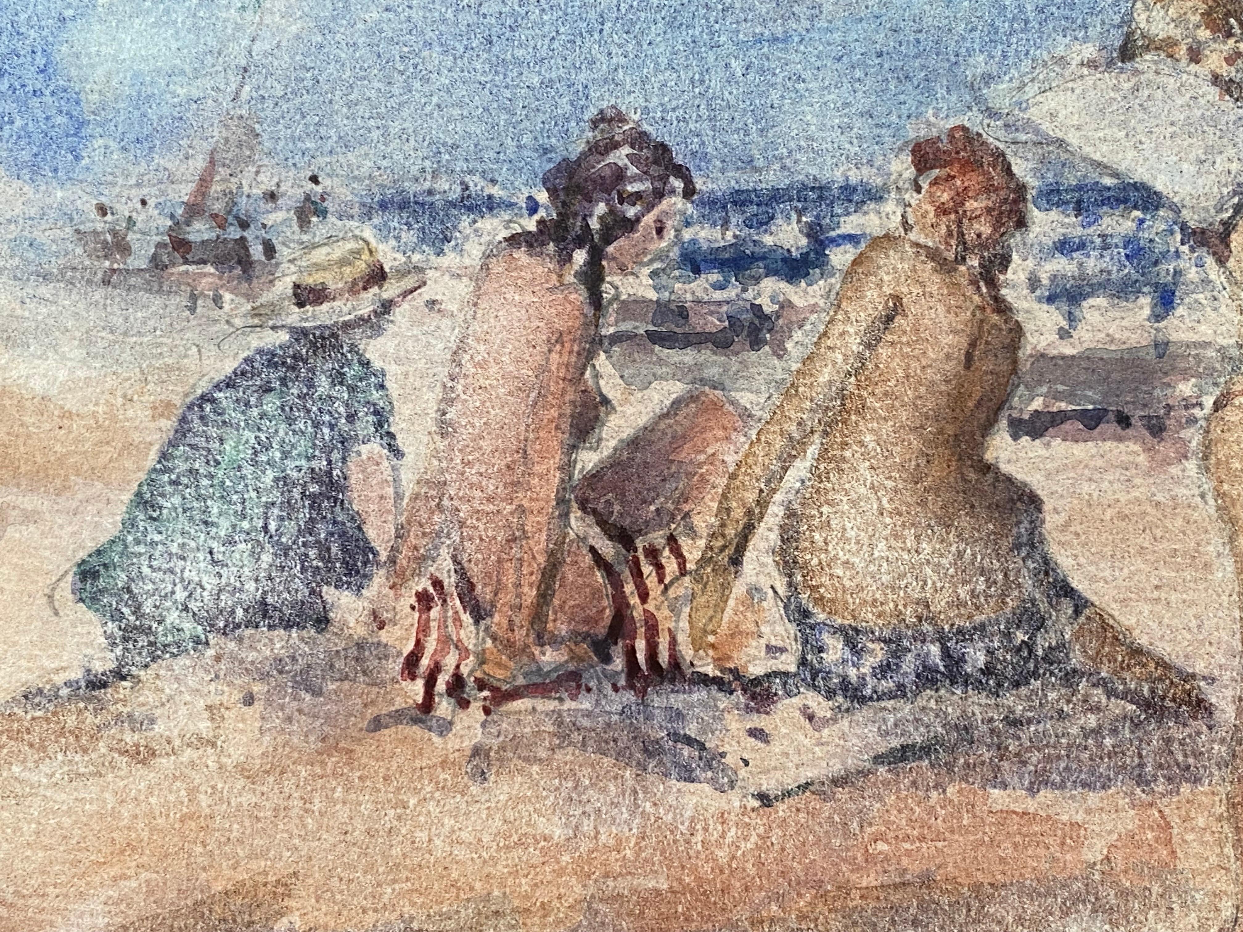 20ième siècle Aquarelle impressionniste française Maurice Mazeilie - Journée de plage pour filles en vente