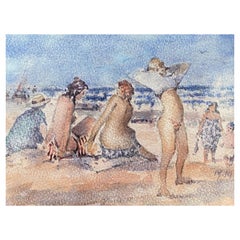 Impressionistisches französisches Aquarell von Maurice Mazeilie-French – Mädchen- Strandtag