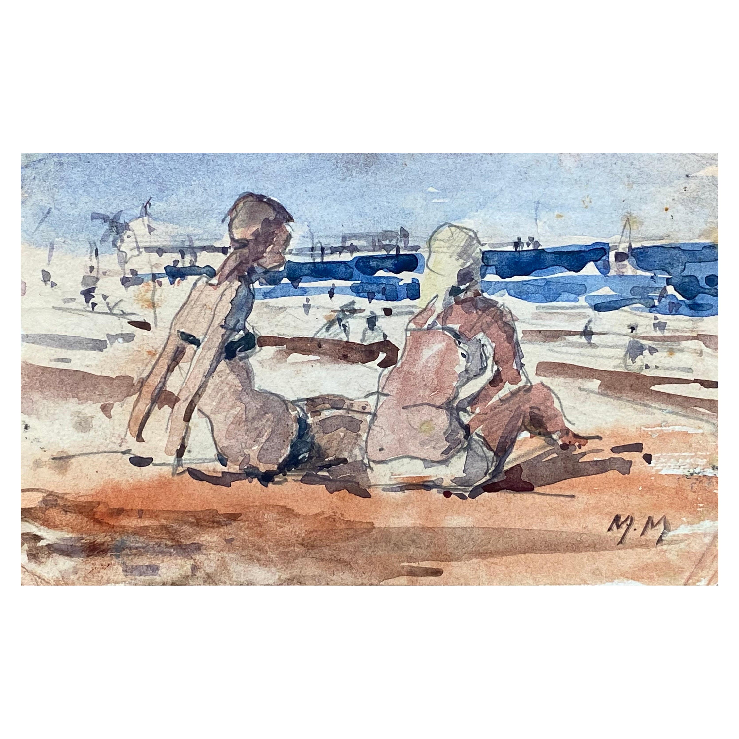 Maurice Mazeilie, aquarelle impressionniste française représentant une femme en train de se baigner