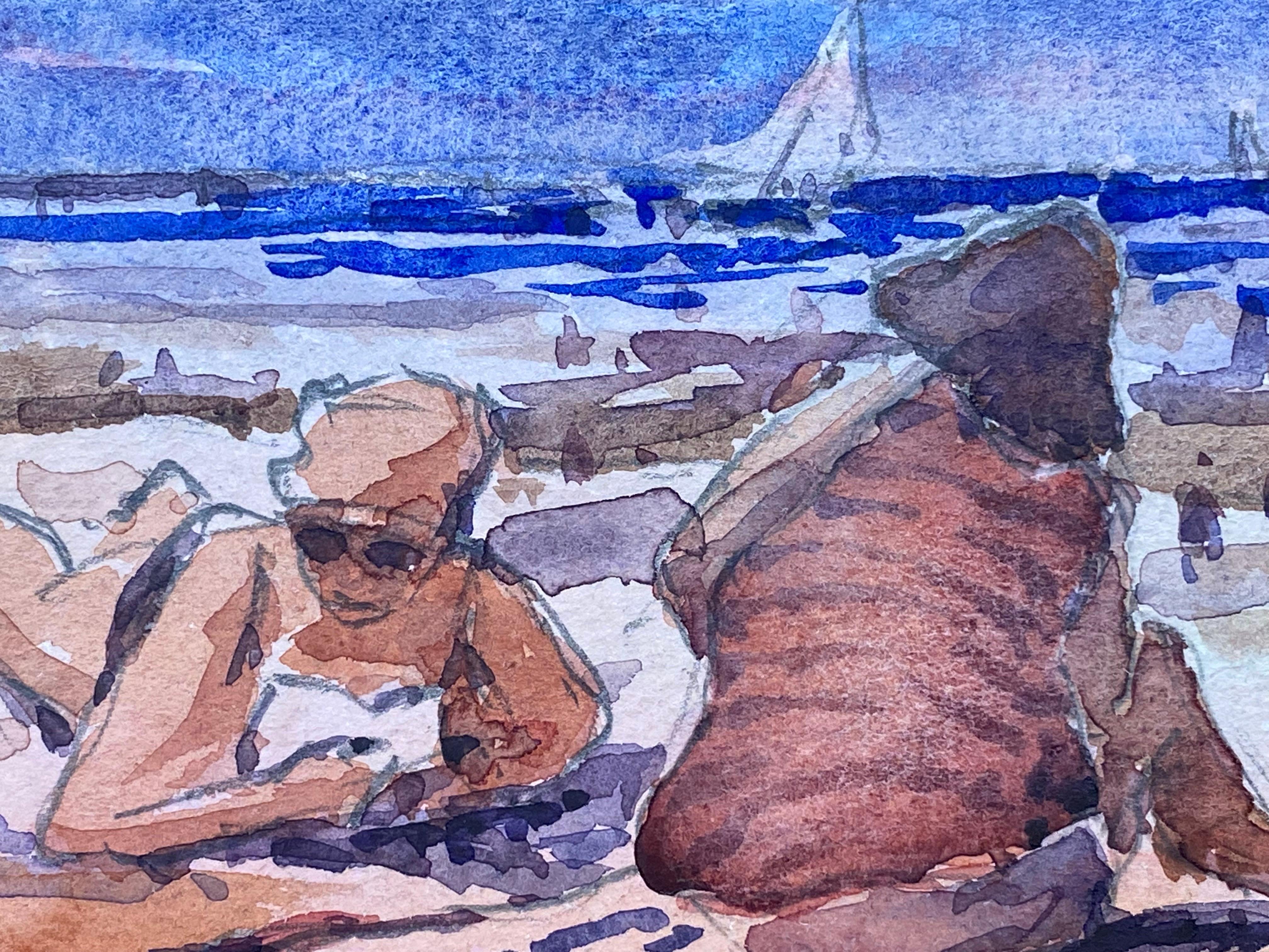 Mid-Century Modern Maurice Mazeilie, French Impressionist Watercolour - Two Figures At The Beach For Sale