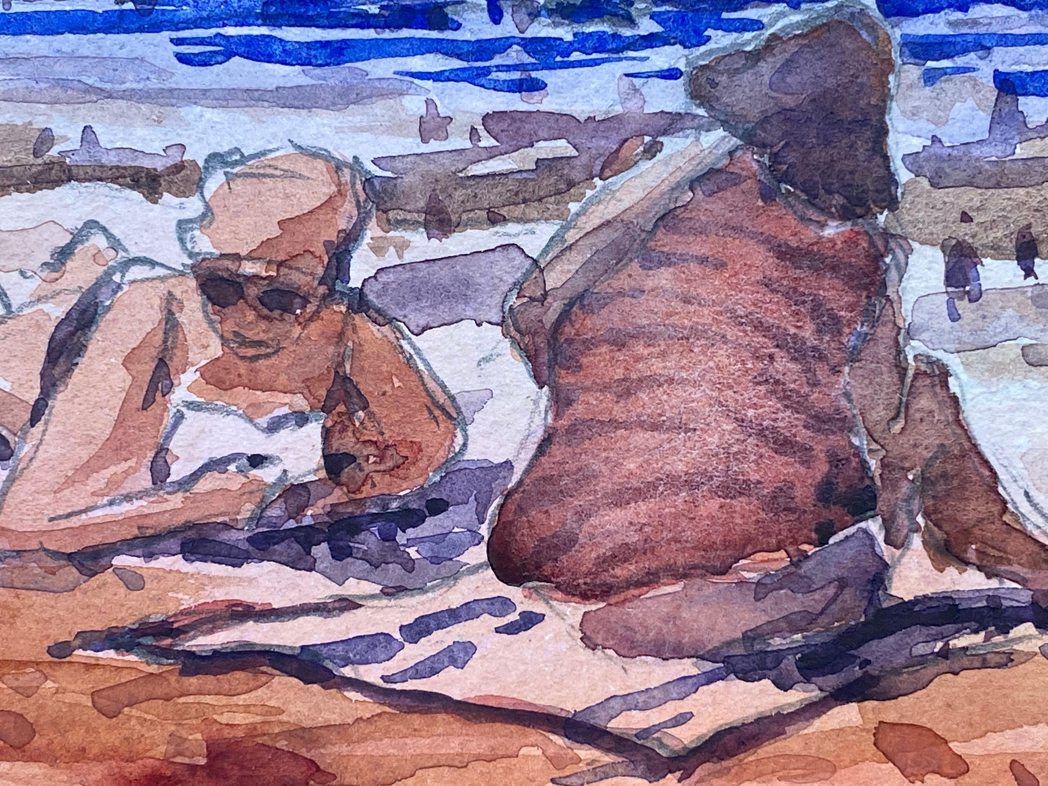 Painted Maurice Mazeilie, French Impressionist Watercolour - Two Figures At The Beach For Sale