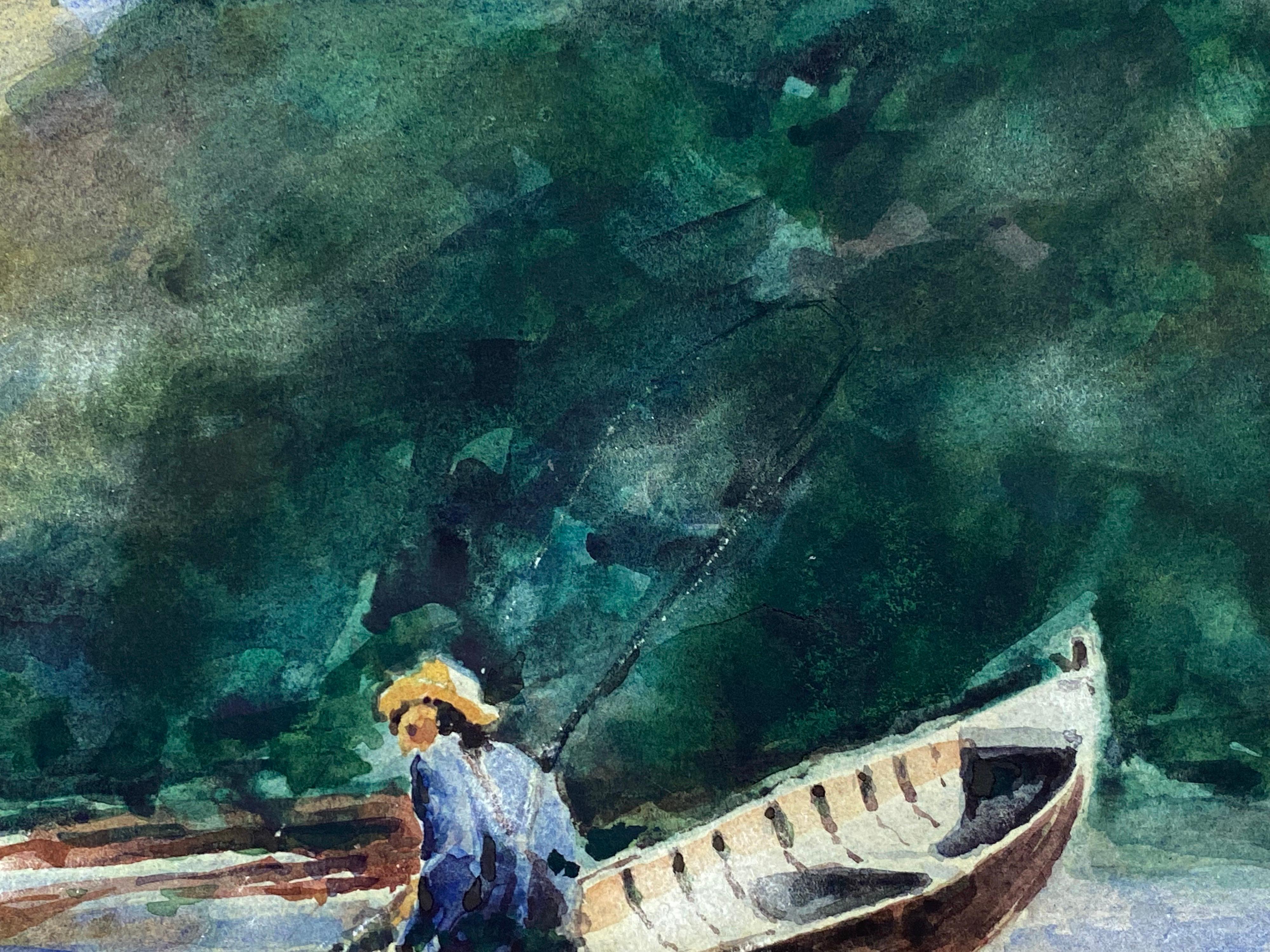 ANGLER IN BOAT - MAURICE MAZEILIE - FRENCH IMPRESSIONIST WATERCOLOUR - Painting by Maurice Mazeilie