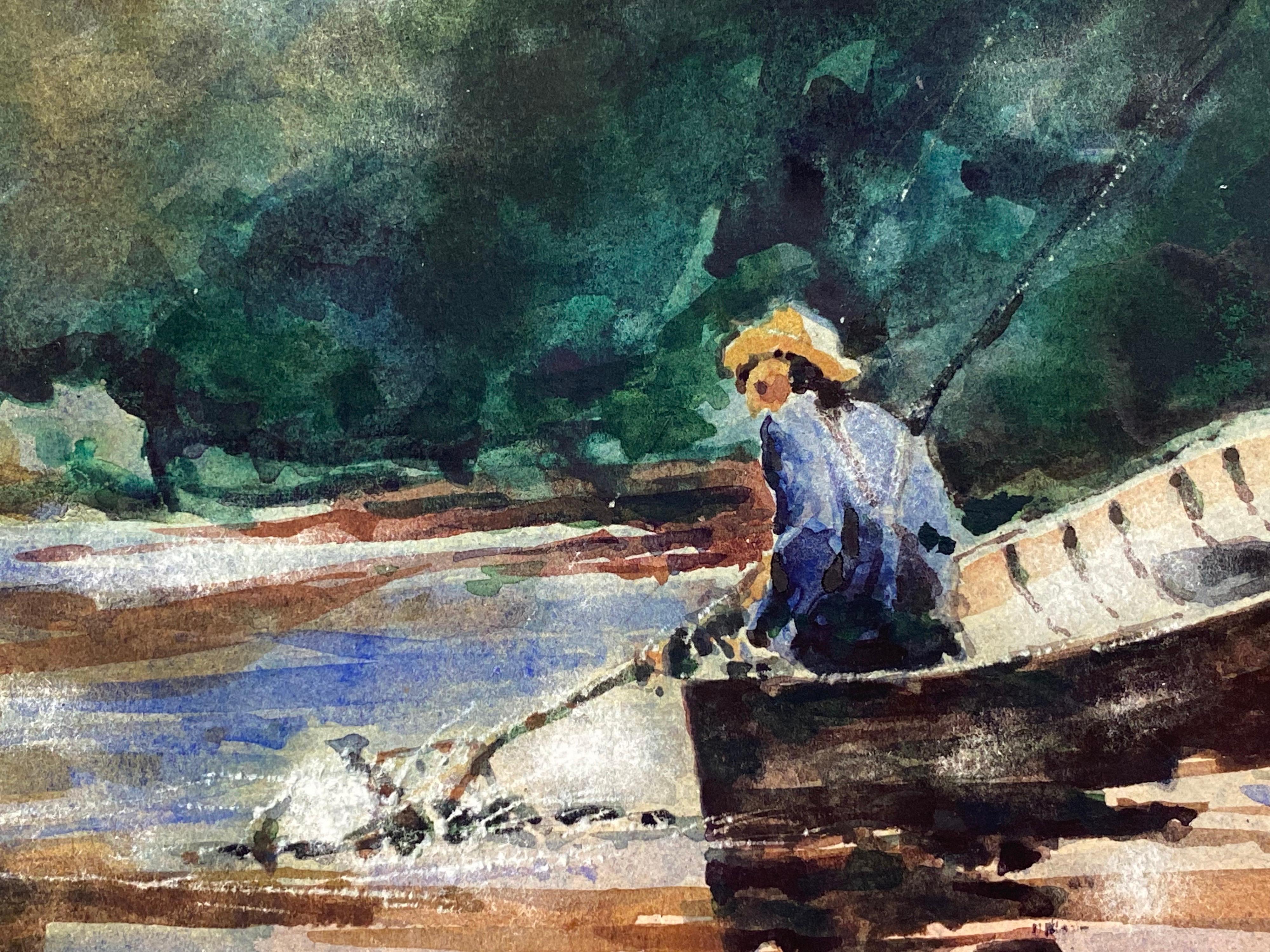 ANGLER IN BOAT - MAURICE MAZEILIE - FRENCH IMPRESSIONIST WATERCOLOUR - Black Landscape Painting by Maurice Mazeilie