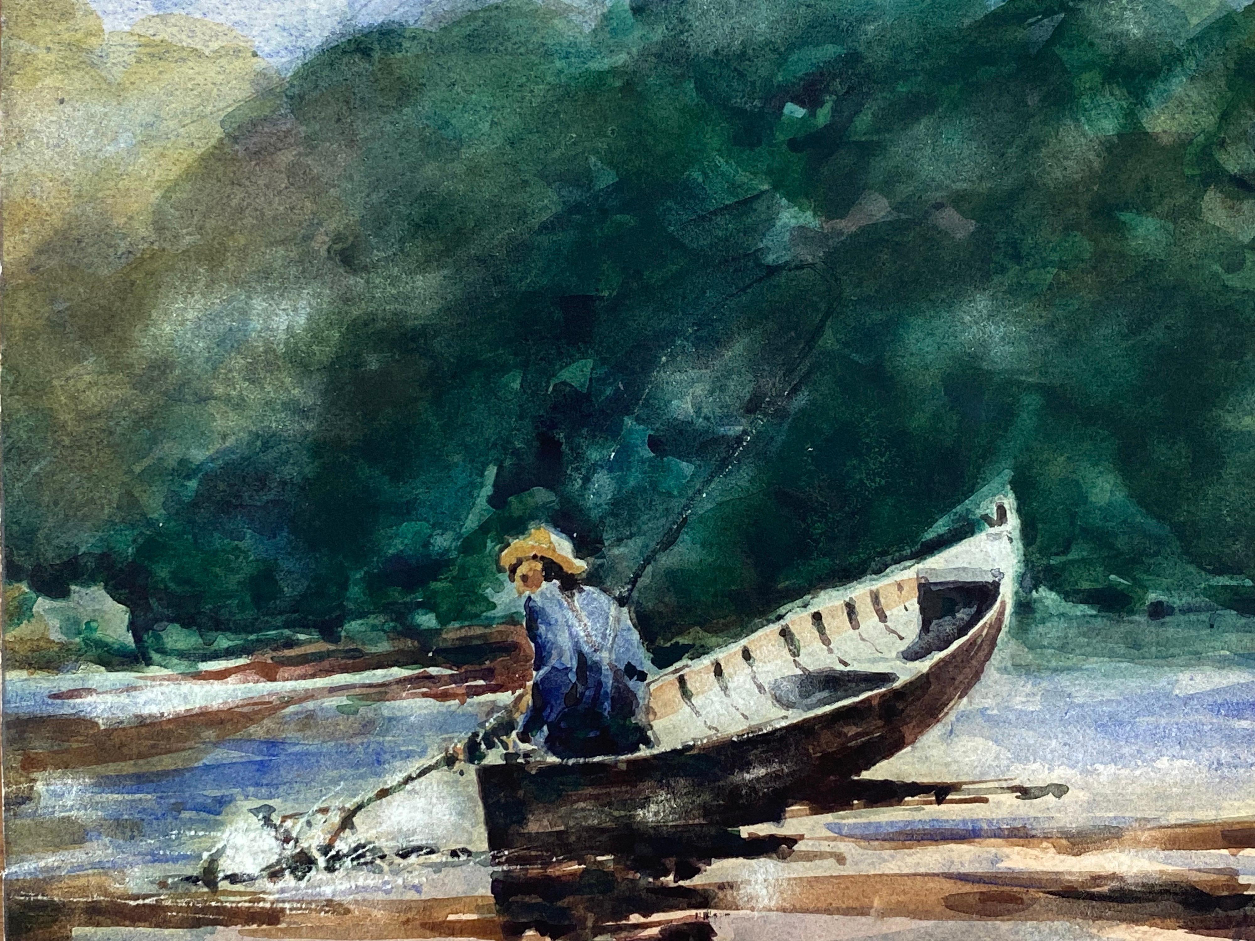 Maurice Mazeilie Landscape Painting - ANGLER IN BOAT - MAURICE MAZEILIE - FRENCH IMPRESSIONIST WATERCOLOUR
