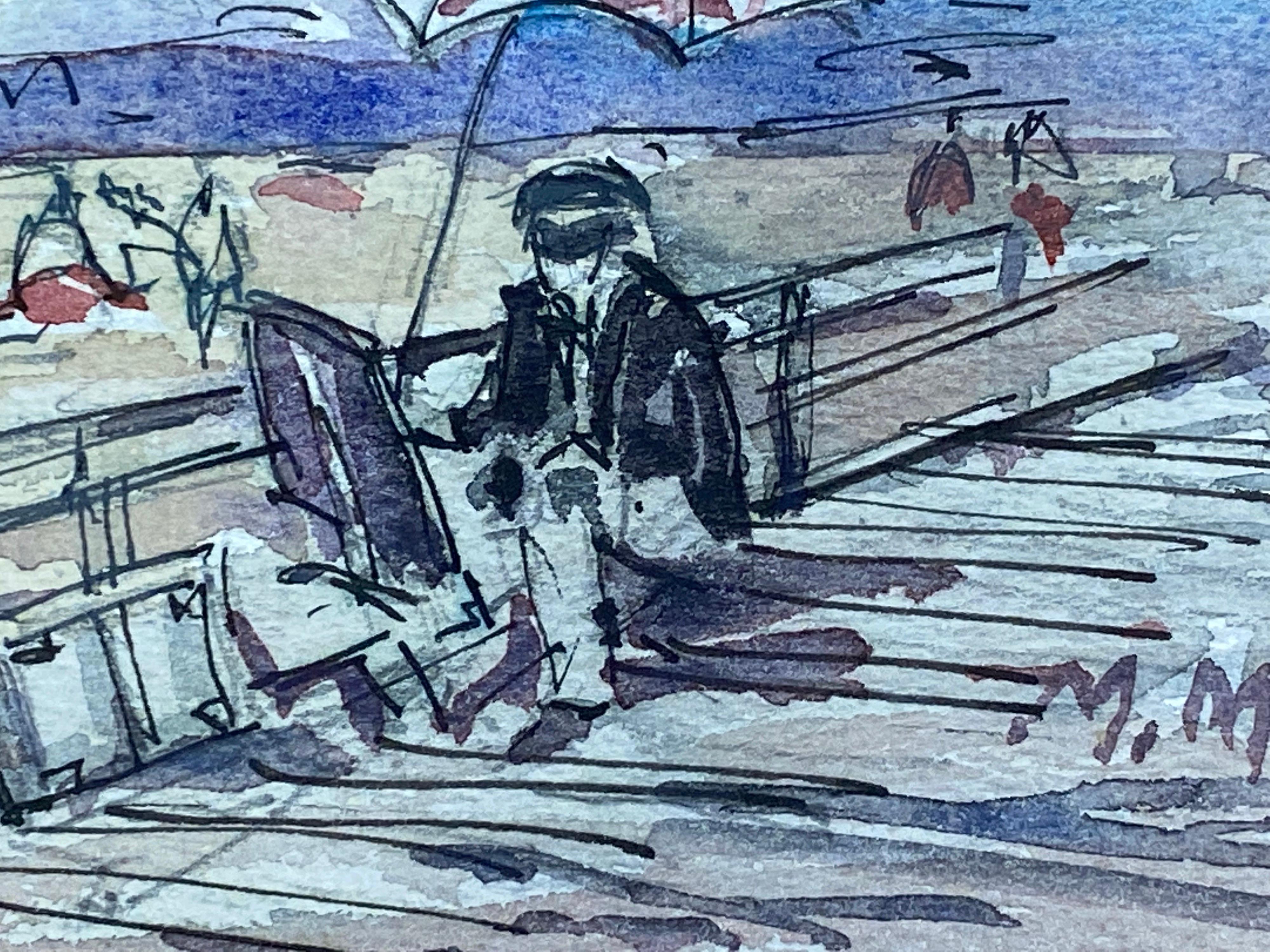 ARTISTA EN EL CABALLETE PINTANDO EN LA PLAYA - ACUARELA IMPRESIONISTA FRANCESA - Figurative Painting Azul de Maurice Mazeilie