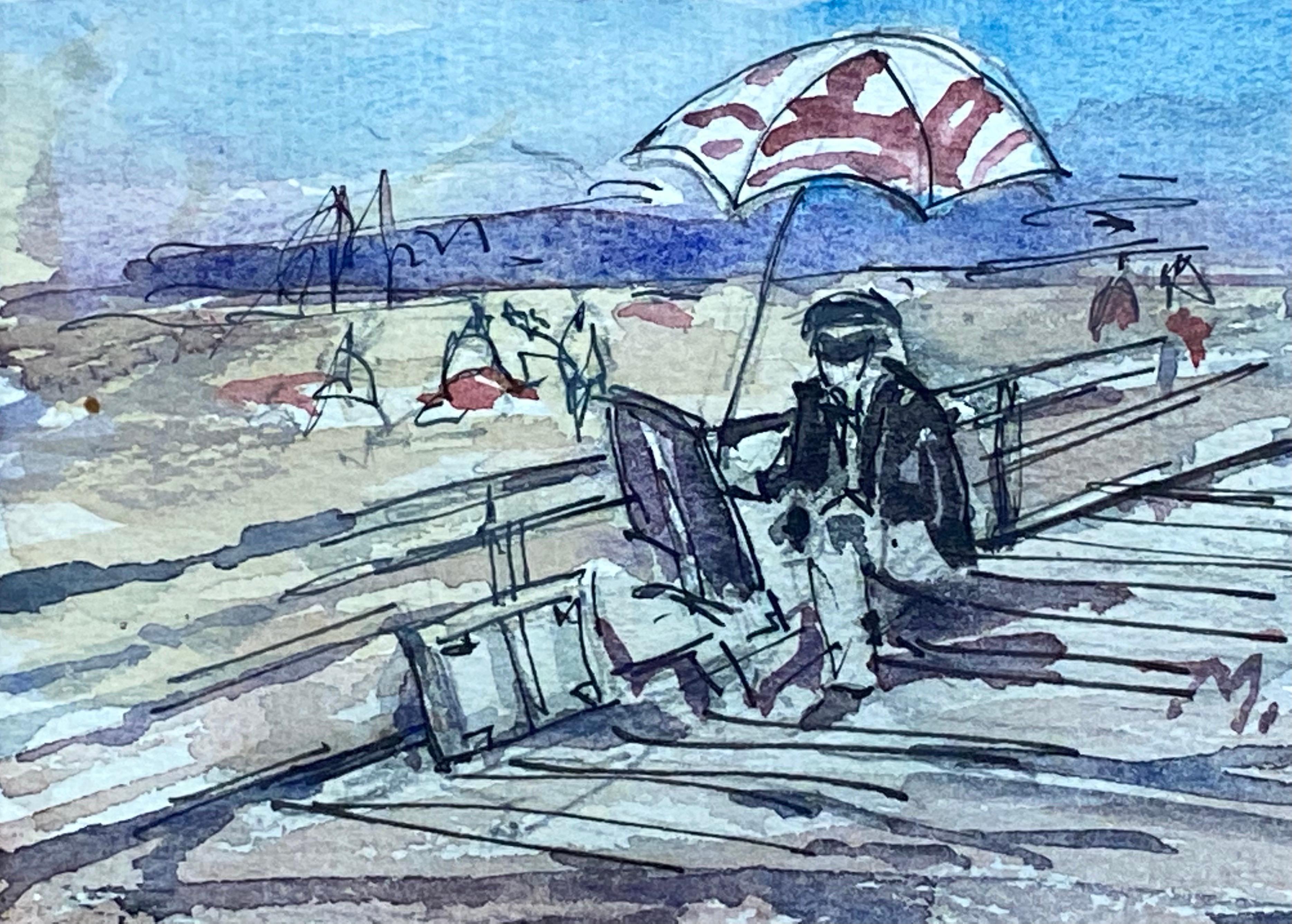 ARTIST AT EASEL PAINTING ON THE BEACH - FRENCH IMPRESSIONIST WATERCOLOR