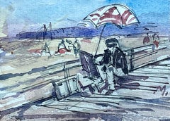 ARTIST AT EASEL PAINTING ON THE BEACH - FRENCH IMPRESSIONIST WATERCOLOR