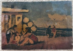 Figures Gathered on a French Beach Impressionist Watercolour Painting