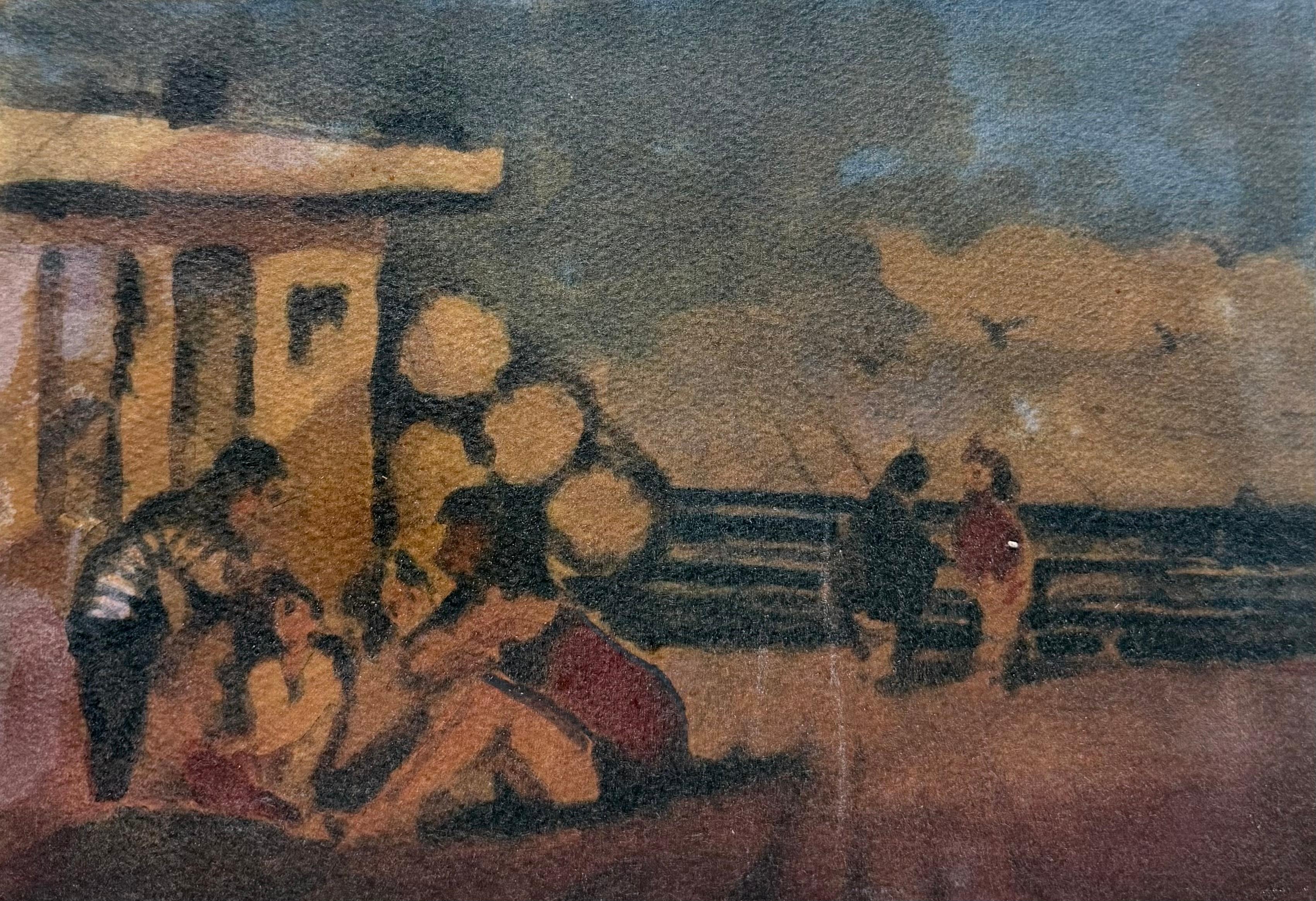 Figures Gathered on a French Beach Impressionist Watercolour Painting