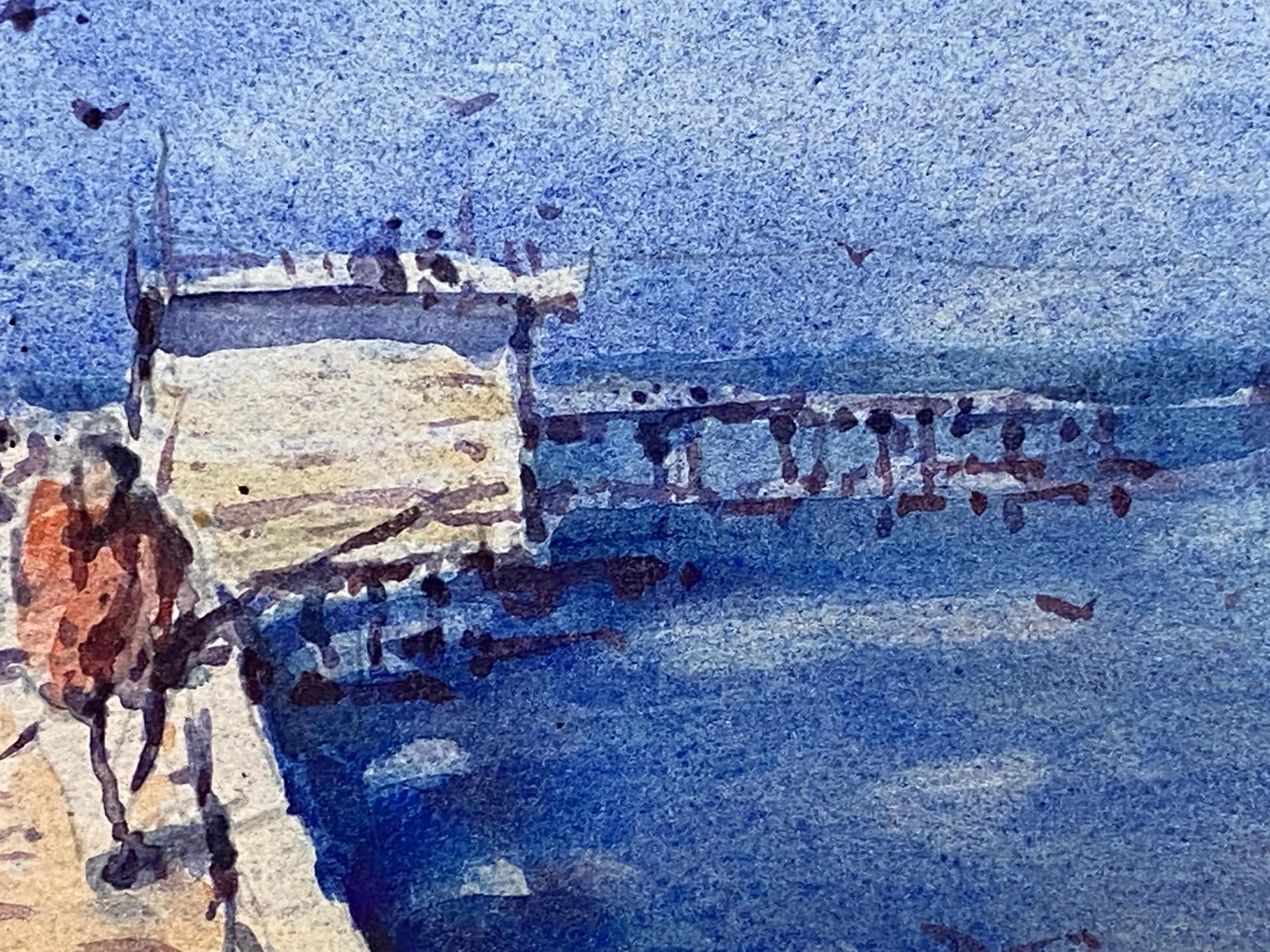 FISHERMAN ON JETTY - MAURICE MAZEILIE - FRENCH IMPRESSIONIST SIGNED WATERCOLOR - Painting by Maurice Mazeilie
