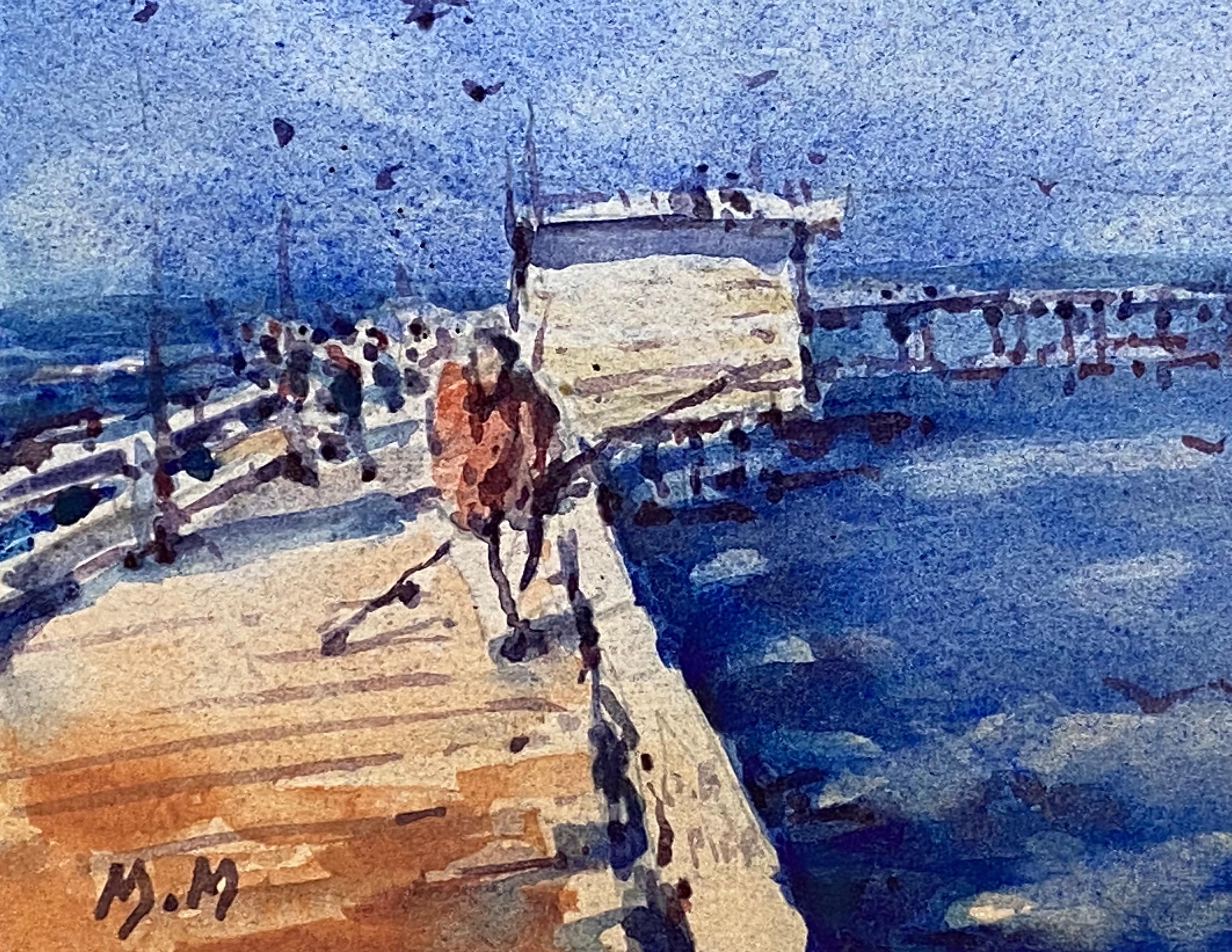Maurice Mazeilie Landscape Painting - FISHERMAN ON JETTY - MAURICE MAZEILIE - FRENCH IMPRESSIONIST SIGNED WATERCOLOR