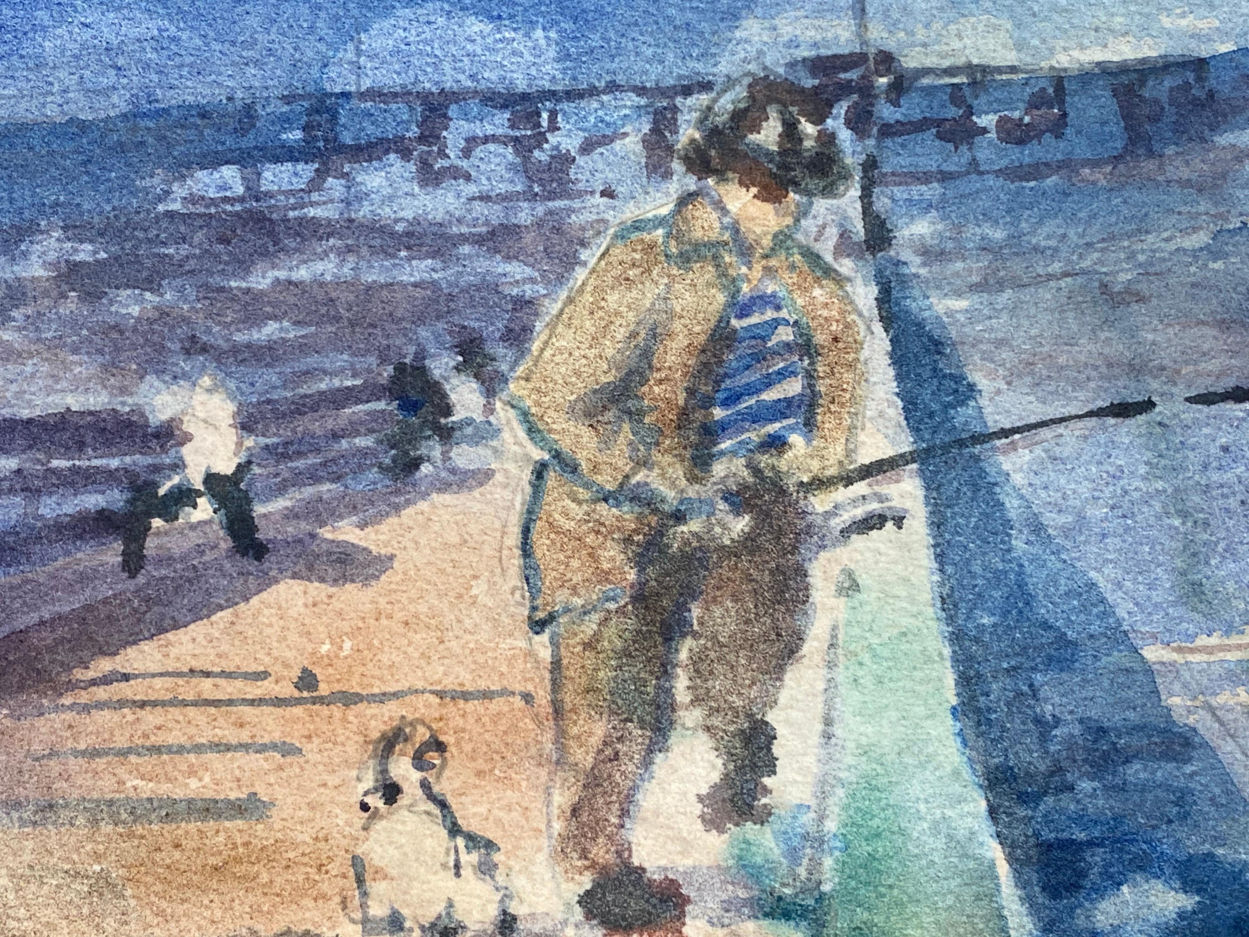 FISHERMAN ON QUAY MAURICE MAZEILIE - FRENCH IMPRESSIONIST WATERCOLOUR-  -  - Painting by Maurice Mazeilie