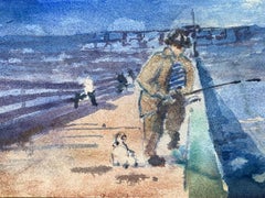 FISHERMAN ON QUAY MAURICE MAZEILIE - FRENCH IMPRESSIONIST WATERCOLOUR-  - 