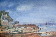 French 20th century Impressionist Painting Rocky Coastline with Boats & Figure
