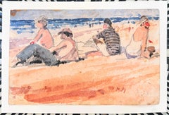 French Beach Bathers Seaside Impressionist Watercolour Painting Summer Scene