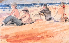 French Beach Bathers Seaside Impressionist Watercolour Painting Summer Scene