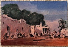French Coastal Cottages and Figures Impressionist Watercolour Painting