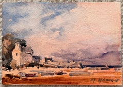 French Coastal Harbour and Sailing Boats Impressionist Watercolour Painting