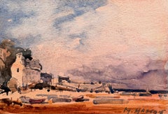 French Coastal Harbour and Sailing Boats Impressionist Watercolour Painting