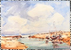 French Coastal Harbour Boats Impressionist Watercolour Painting Summer Scene