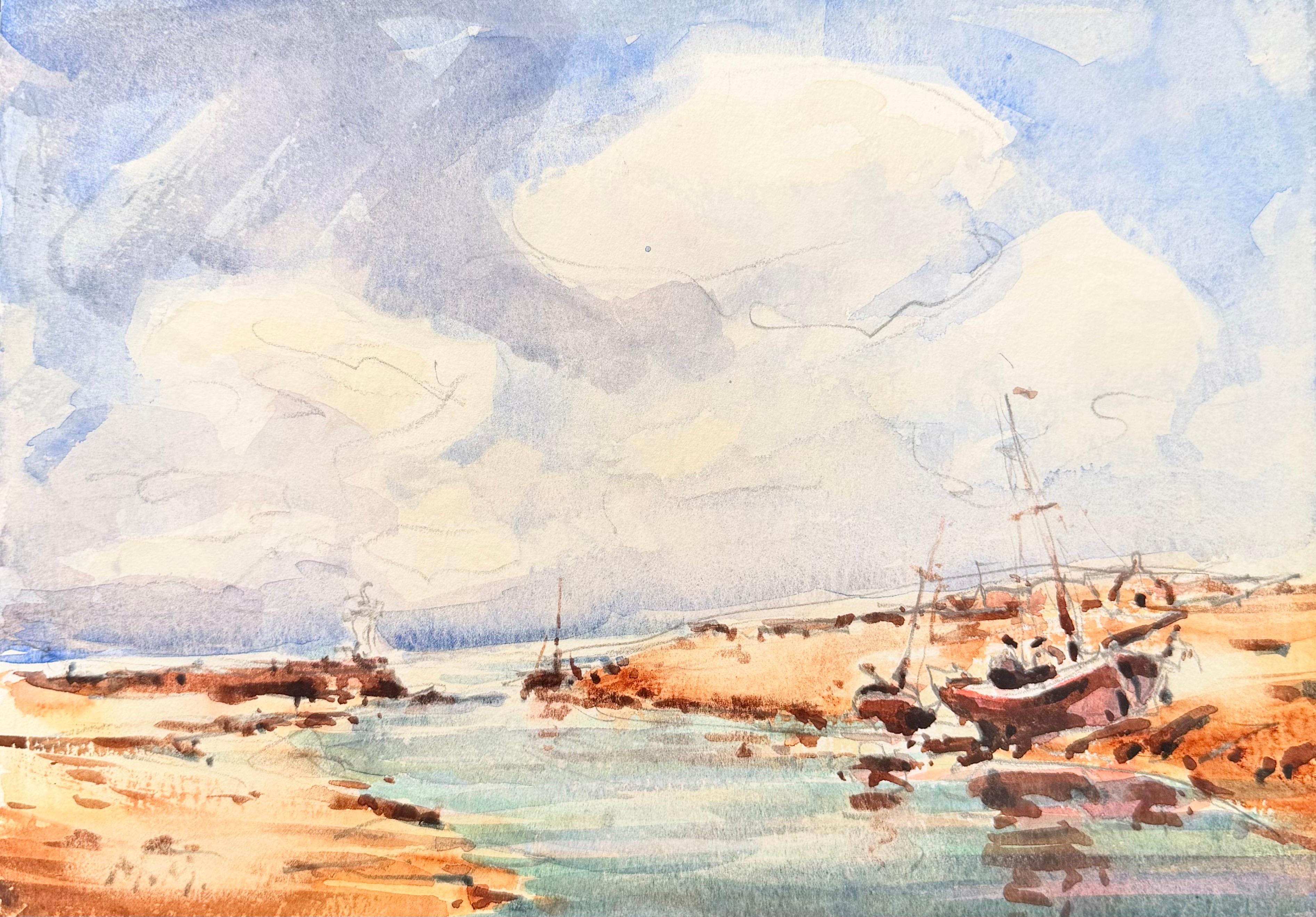 Figurative Painting di Maurice Mazeilie - Barche nel porto costiero francese – Acquerello impressionista – Scena estiva