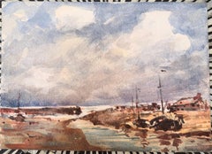 French Coastal Harbour Fishing Boats Impressionist Watercolour Painting
