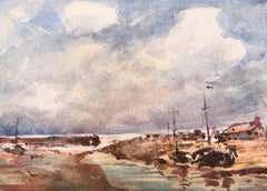 French Coastal Harbour Fishing Boats Impressionist Watercolour Painting
