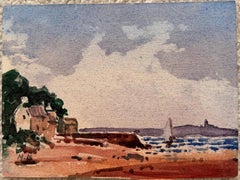 French Coastal Sailing Boats by the Shore Impressionist Watercolour Painting