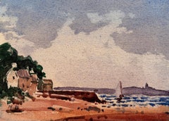 French Coastal Sailing Boats by the Shore Impressionist Watercolour Painting