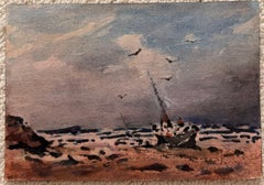 French Fishing Boat at Sea Impressionist Watercolour Painting