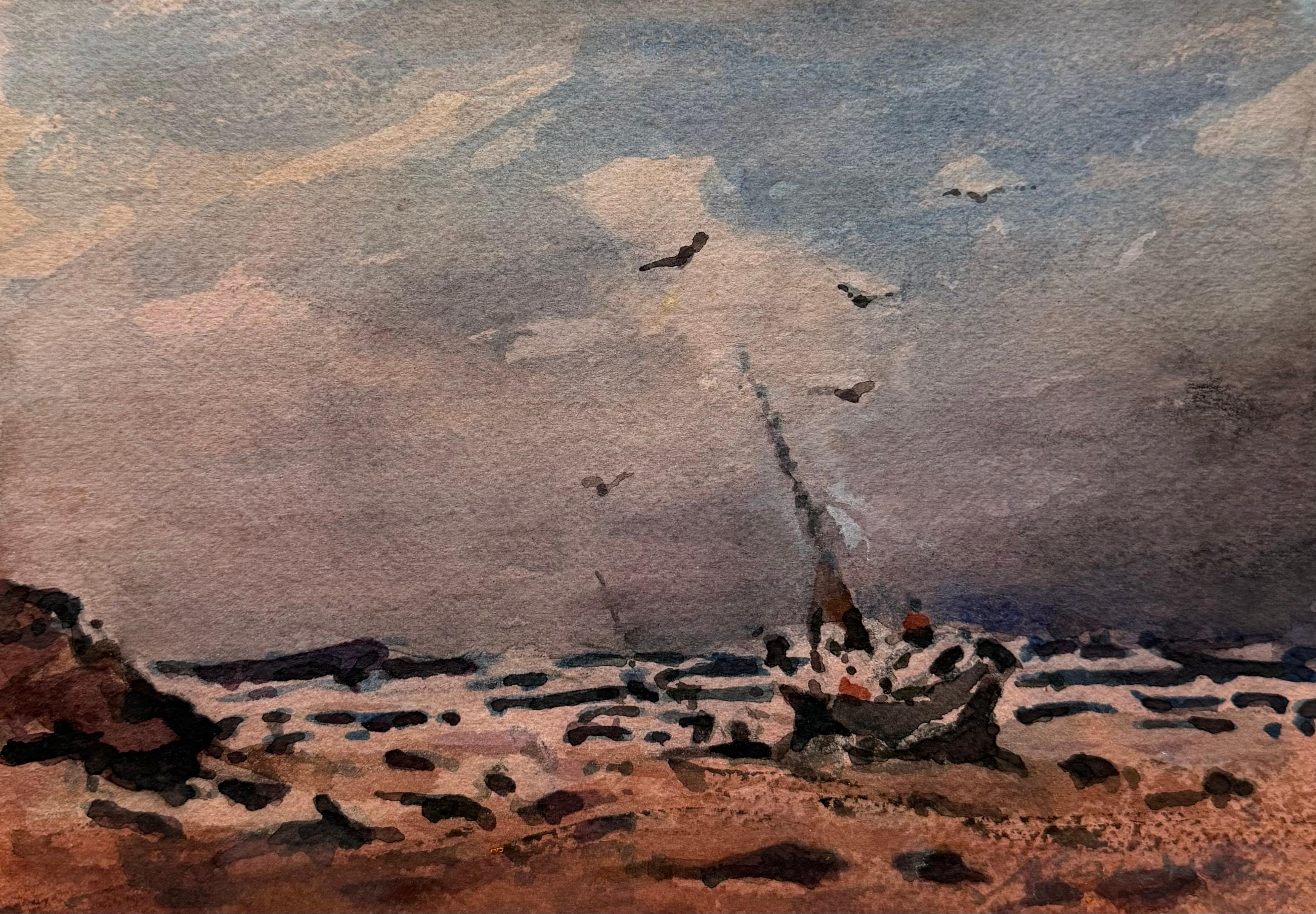 Figurative Painting di Maurice Mazeilie - Acquerello impressionista raffigurante un peschereccio francese in mare