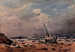 French Fishing Boat at Sea Impressionist Watercolour Painting