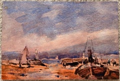 French Fishing Boats in a Quiet Harbour Impressionist Watercolour Painting