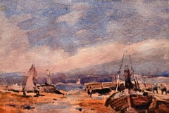 French Fishing Boats in a Quiet Harbour Impressionist Watercolour Painting