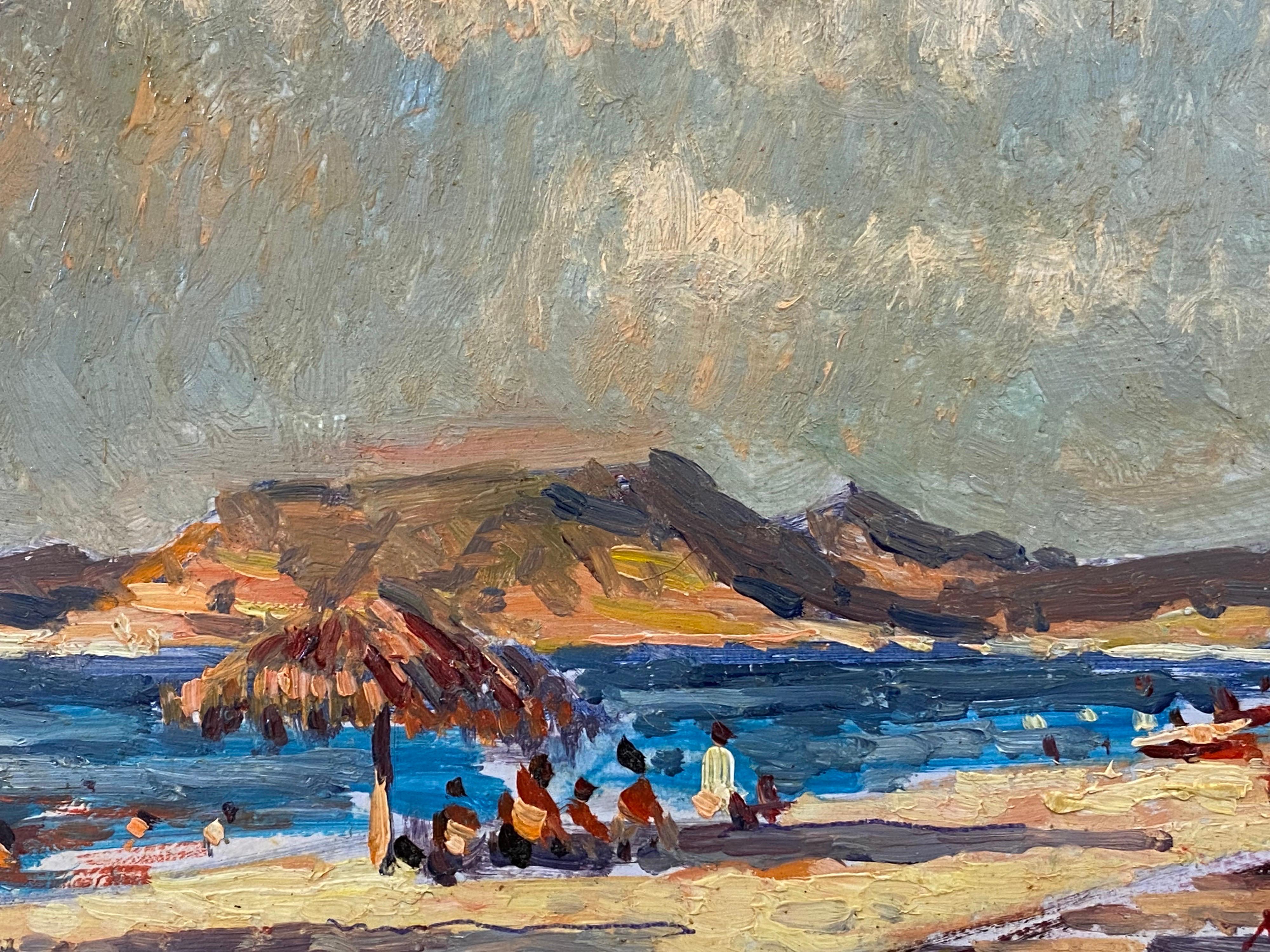 Peinture à l'huile impressionniste française En Plein Air - Scène côtière avec personnages - Gris Landscape Painting par Maurice Mazeilie