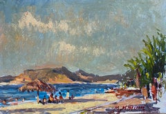 Französisches französisches Impressionismus En Plein Air Ölgemälde - Küstenszene mit Figuren