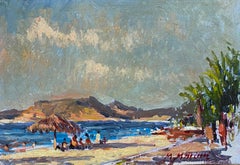 Vintage French Impressionist En Plein Air Oil Painting - Coastal Scene With Figures