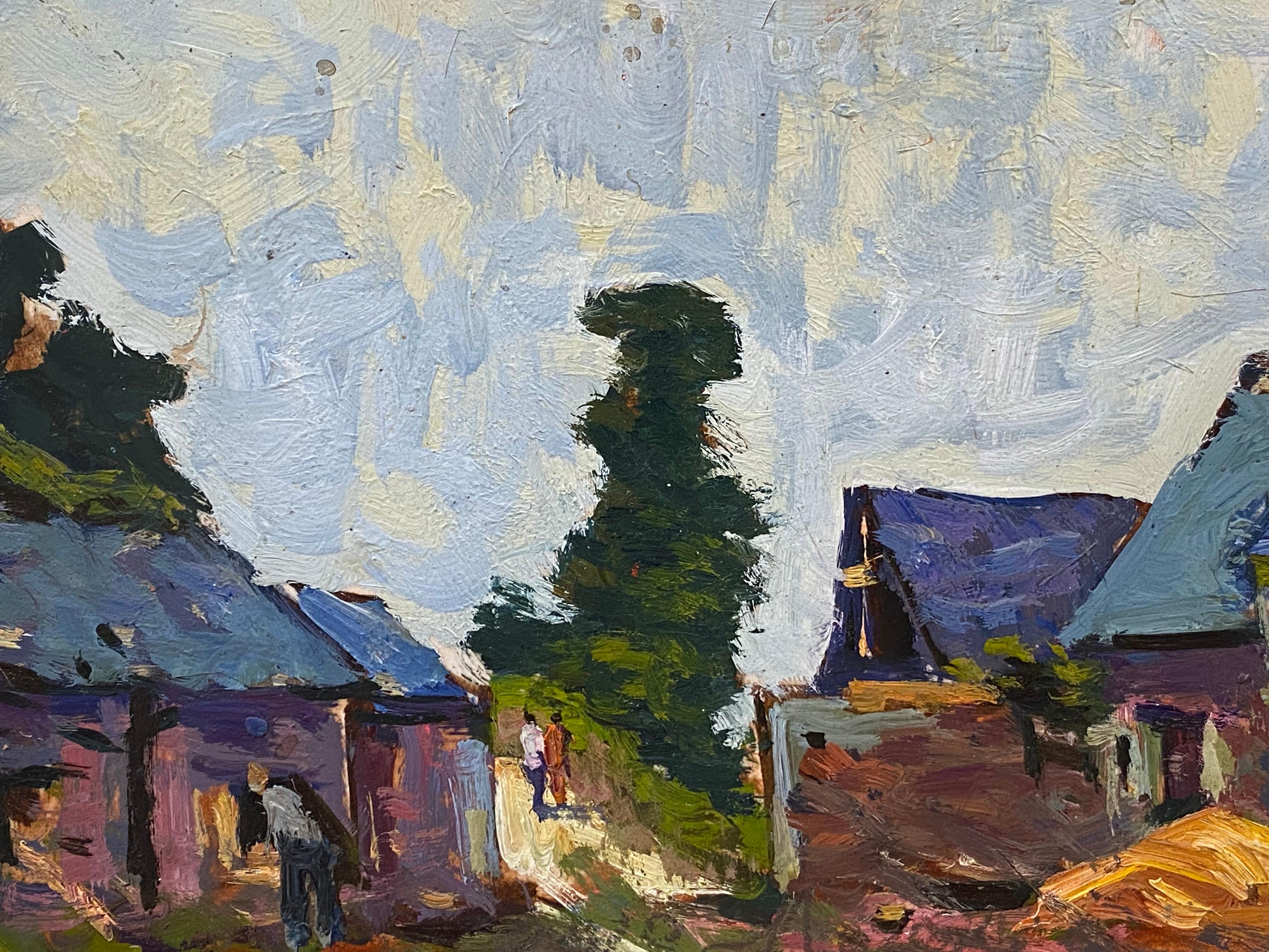 Pittura ad olio francese impressionista en plein air - Cortile di fattoria con figure - Painting di Maurice Mazeilie