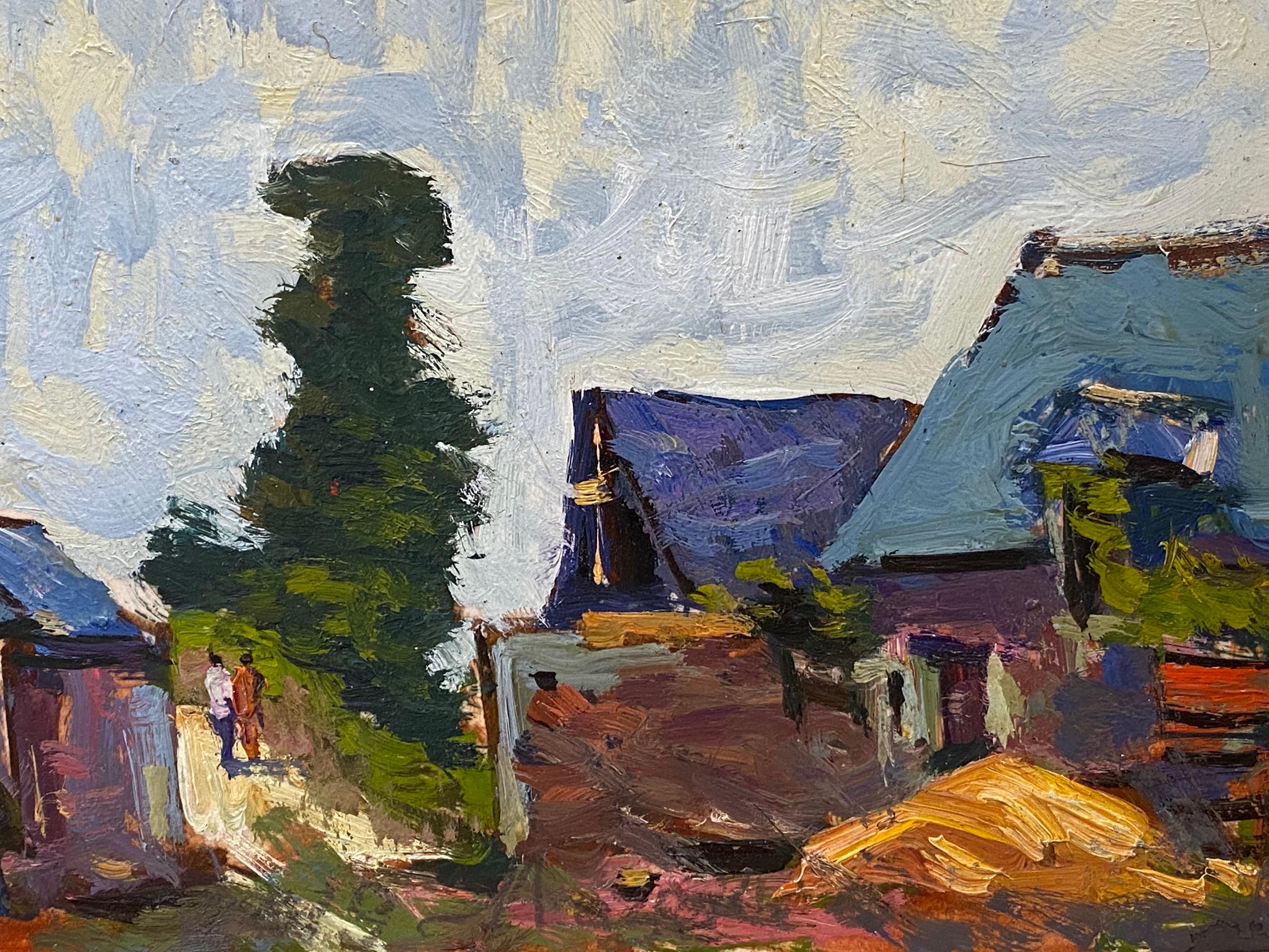 Pittura ad olio francese impressionista en plein air - Cortile di fattoria con figure - Landscape Painting Grigio di Maurice Mazeilie