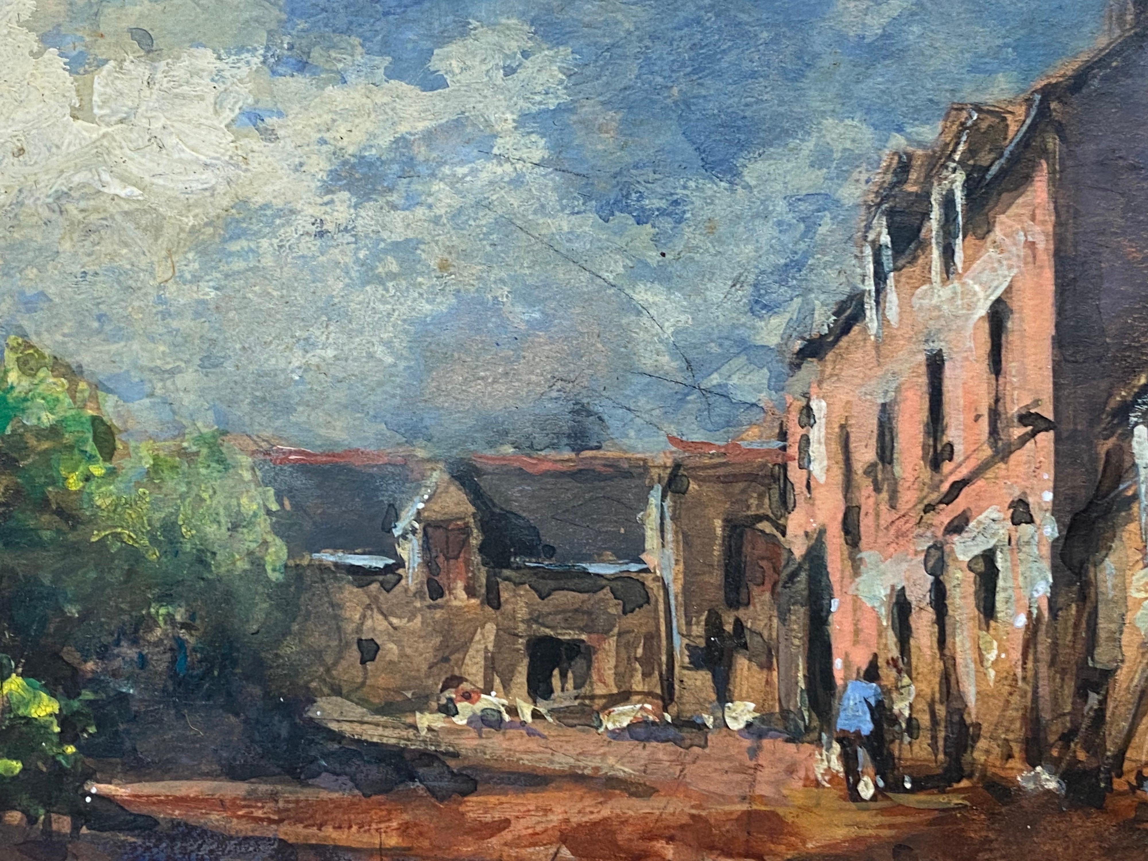 Pintura al óleo impresionista francesa En Plein Air - Escena de pueblo con figuras - Painting de Maurice Mazeilie