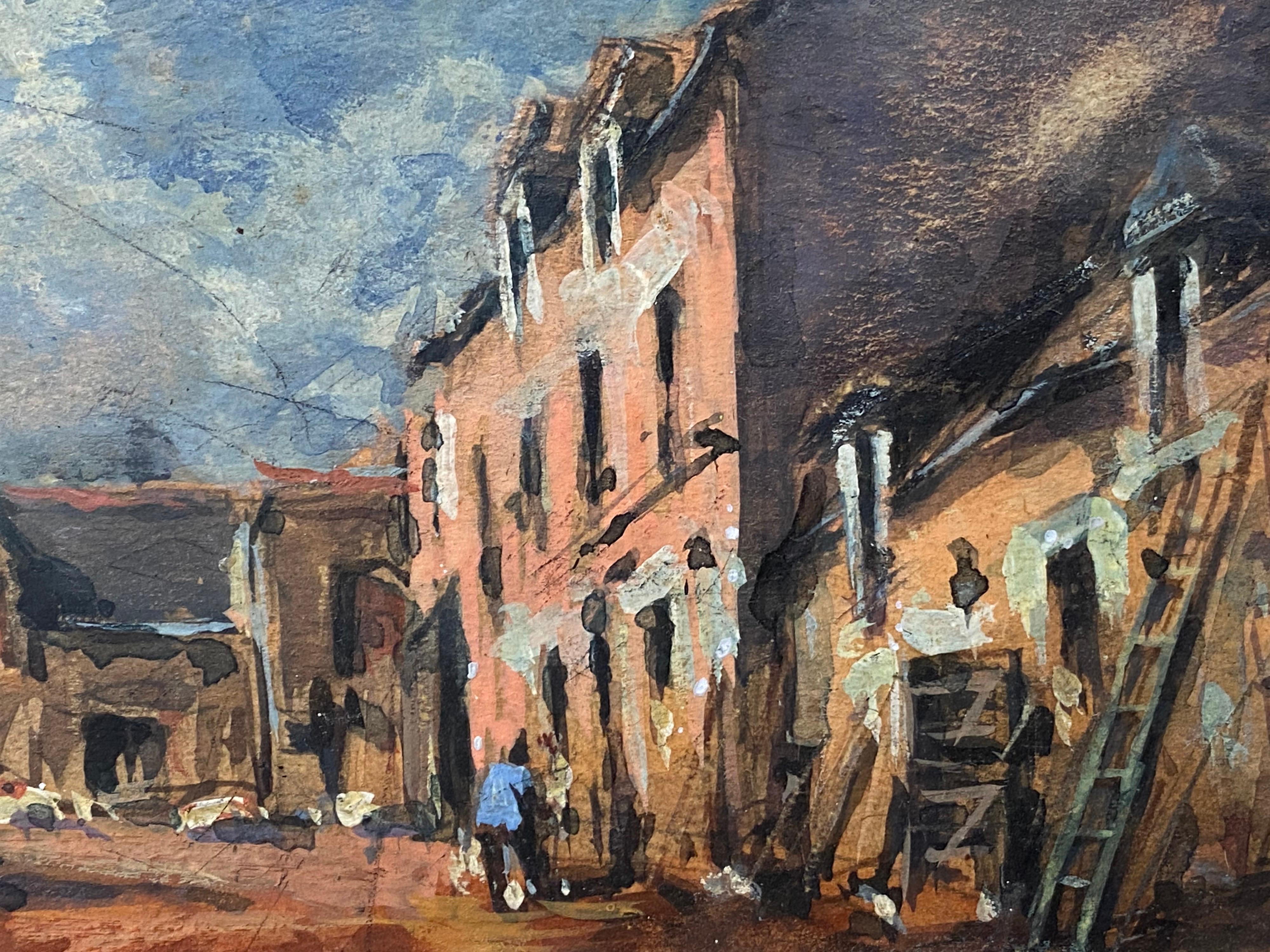 Pintura al óleo impresionista francesa En Plein Air - Escena de pueblo con figuras - Painting Impresionista de Maurice Mazeilie