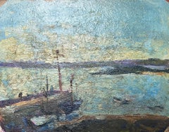 Vintage French Impressionist Oil Landscape Boat At Bay In Clear Sea