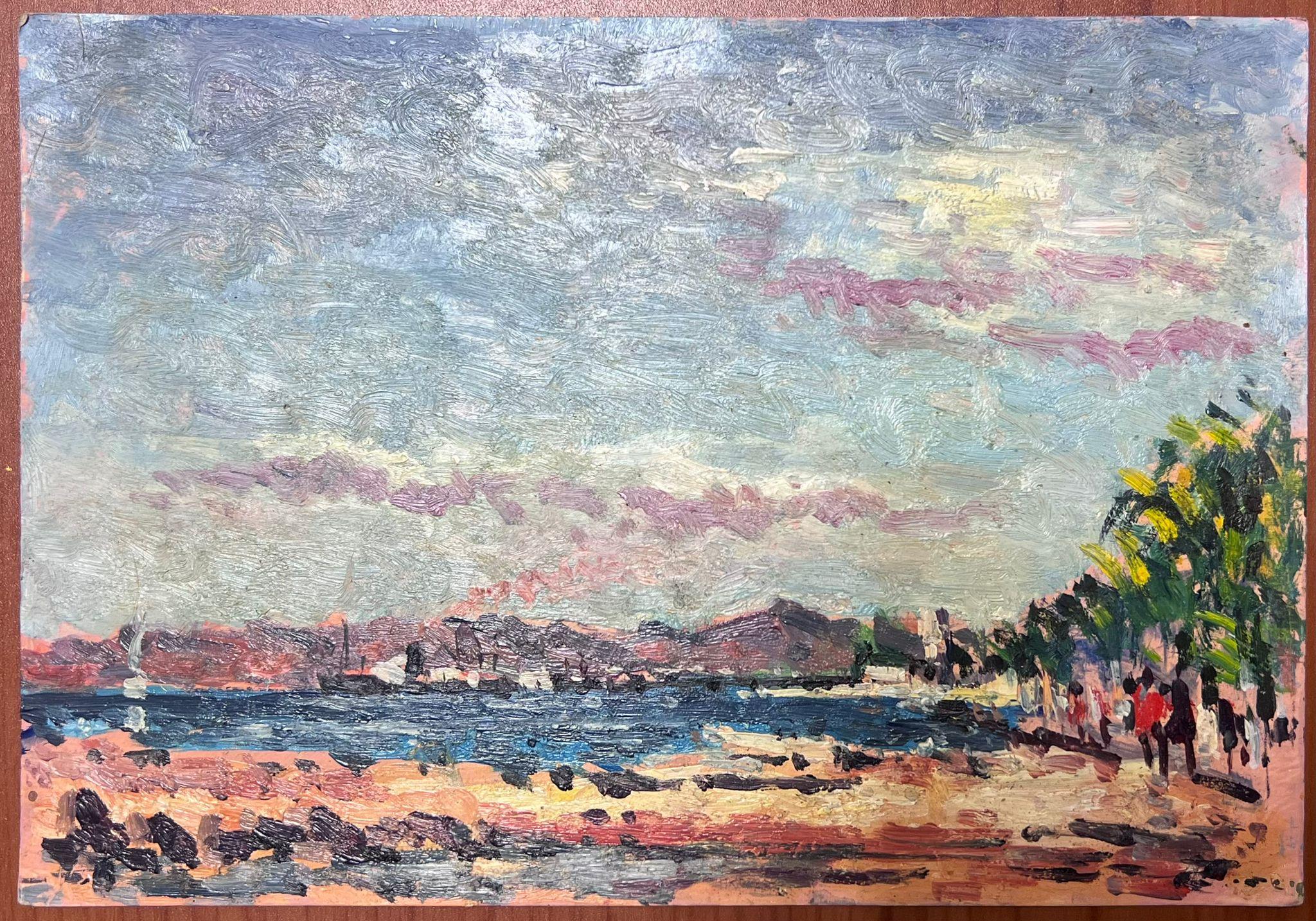 French Impressionist Oil Landscape Figures Along The Coast - Gray Landscape Painting by Maurice Mazeilie