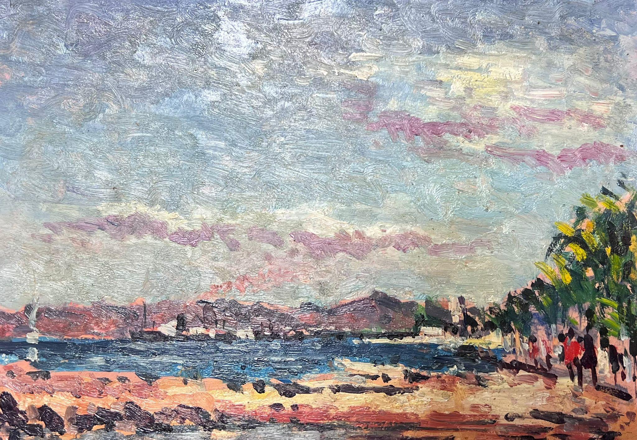 French Impressionist Oil Landscape Figures Along The Coast