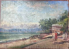 French Impressionist Oil Landscape Figures Walking Along The Beach