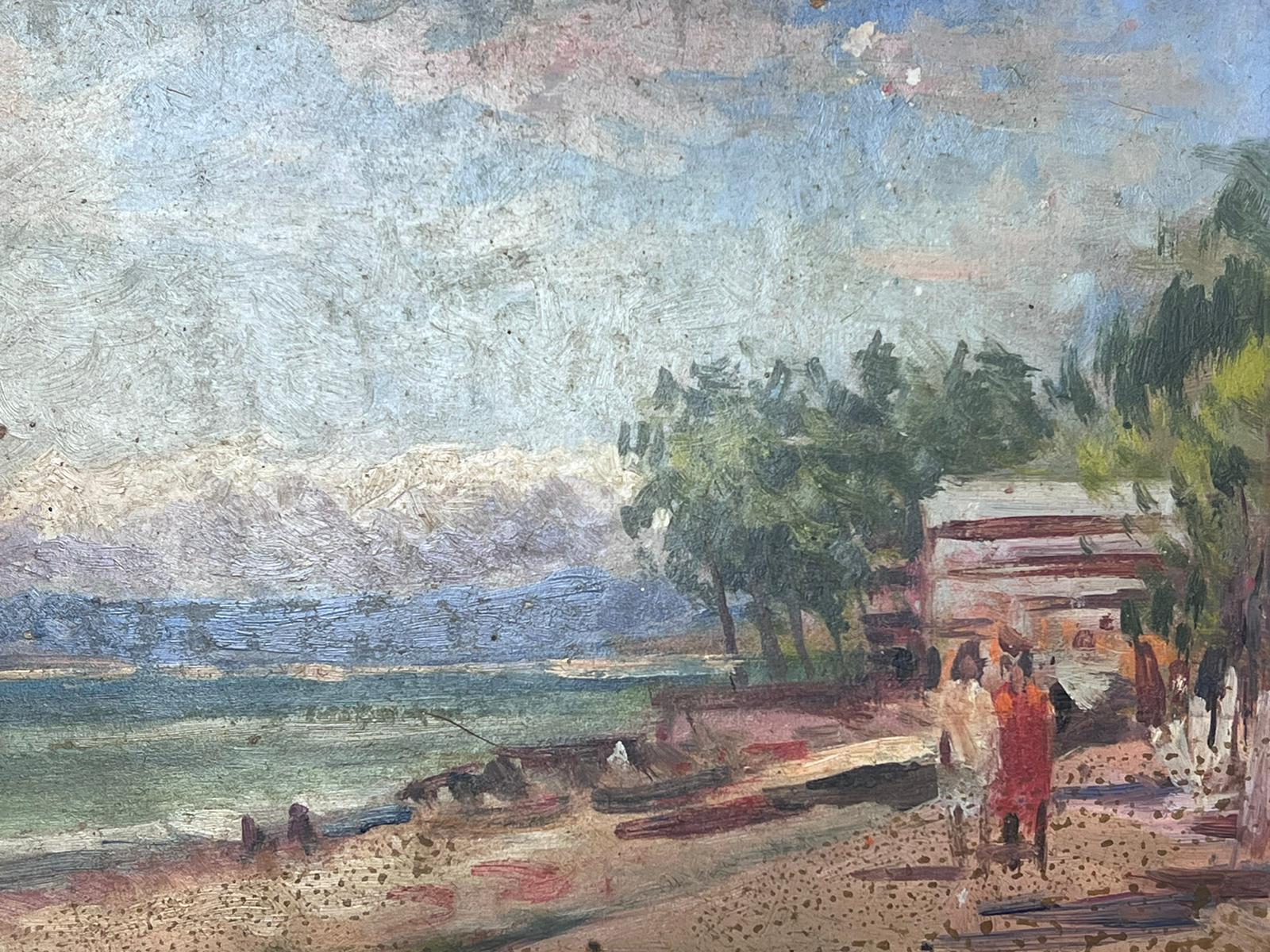 French Impressionist Oil Landscape Figures Walking Along The Beach  For Sale 1