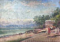 Vintage French Impressionist Oil Landscape Figures Walking Along The Beach 