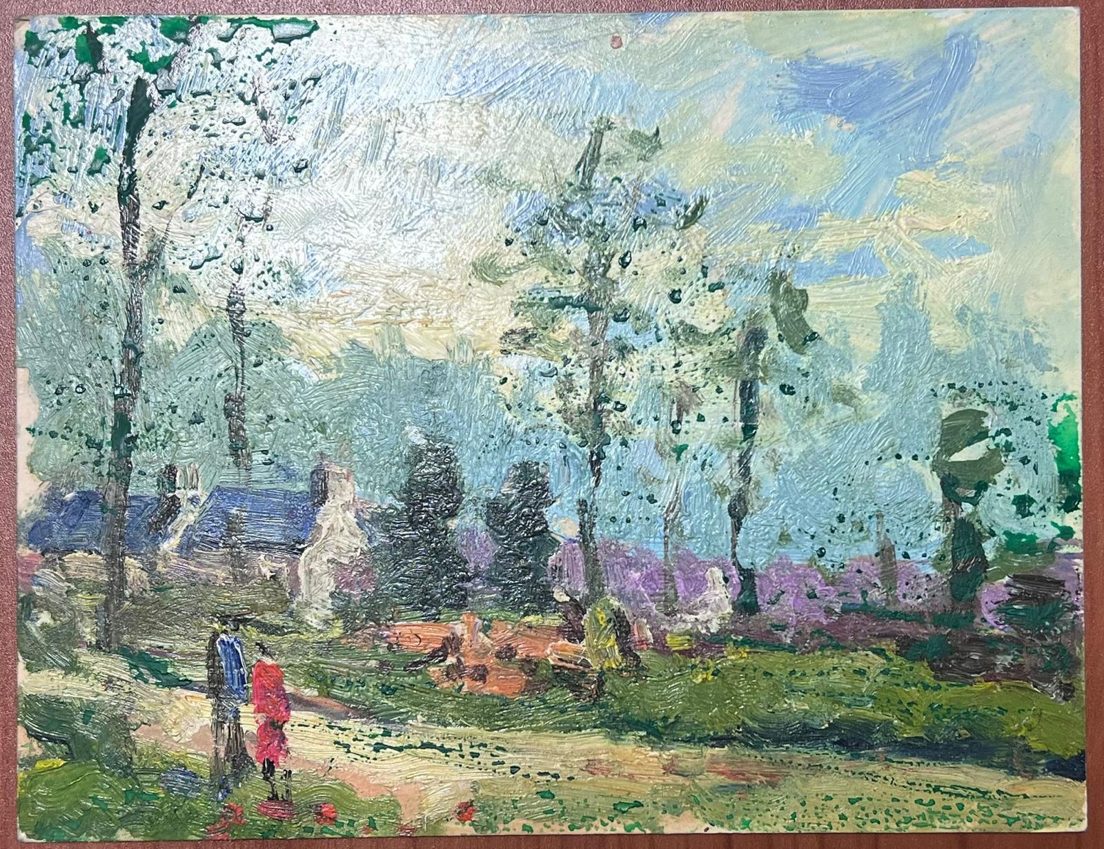 French Impressionist Oil Landscape Figures Walking In A Blue Sky Summers Day - Painting by Maurice Mazeilie