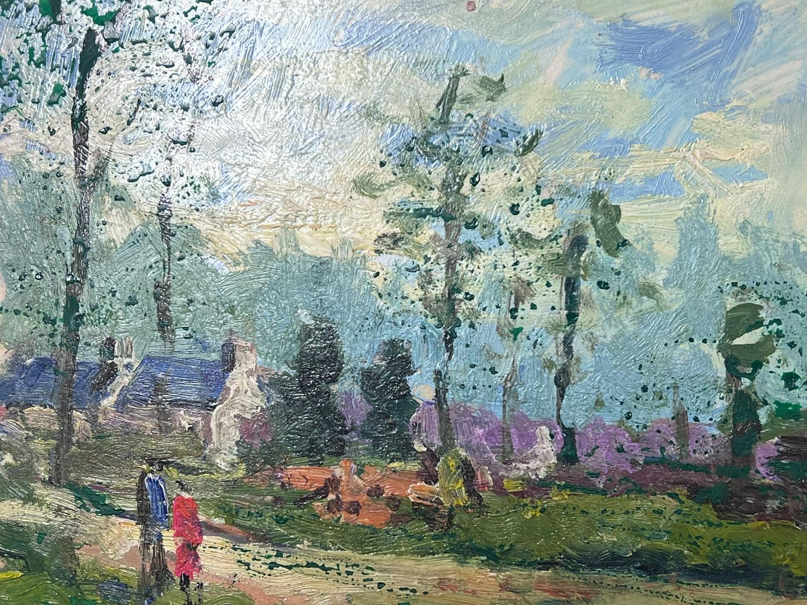French Impressionist Oil Landscape Figures Walking In A Blue Sky Summers Day For Sale 1