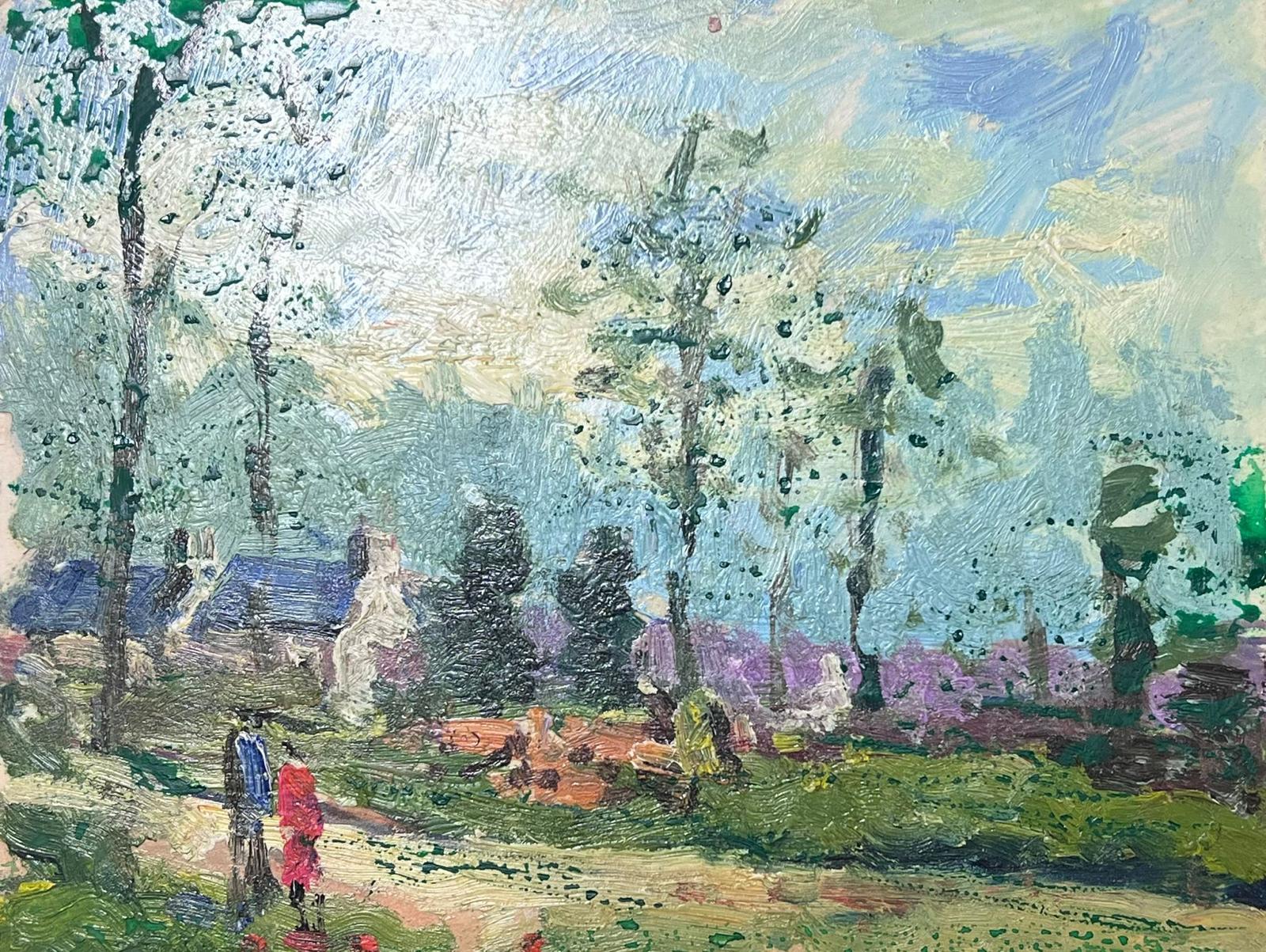 Maurice Mazeilie Landscape Painting - French Impressionist Oil Landscape Figures Walking In A Blue Sky Summers Day